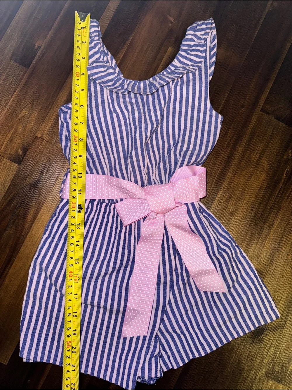 Bonnie Jean Blue Stripe Sleeveless Skort Romper with Pink Bow Belt - Size 6